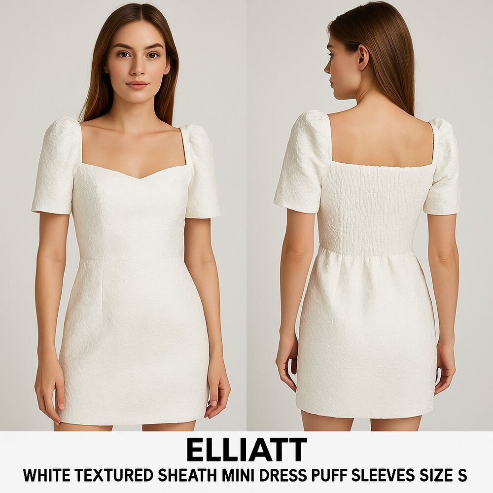 Elliatt White Textured Sheath Mini Dress Puff Sleeves Square Neck Size S (4-6)